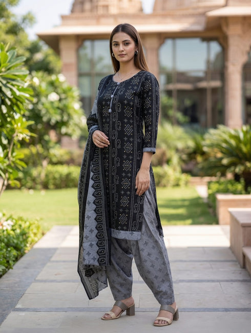 Black Cotton Blend Printed Ready to Wear Patiala Salwar Suit