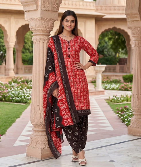 Red Cotton Blend Printed Ready to Wear Patiala Salwar Suit