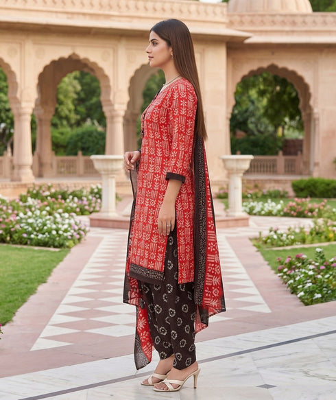 Red Cotton Blend Printed Ready to Wear Patiala Salwar Suit