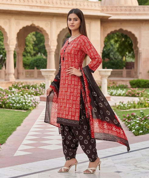 Red Cotton Blend Printed Ready to Wear Patiala Salwar Suit