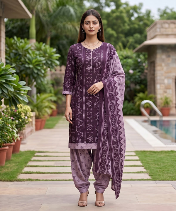 Purple Cotton Blend Printed Ready to Wear Patiala Salwar Suit