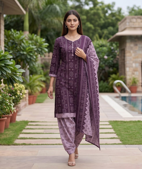 Purple Cotton Blend Printed Ready to Wear Patiala Salwar Suit