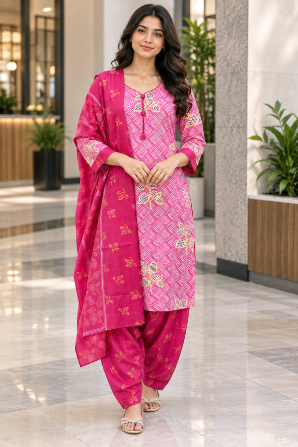 Baby Pink Cotton Blend Printed Ready to Wear Patiala Salwar Suit