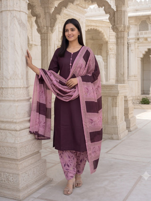 Wine Cotton Blend Floral Printed Ready to Wear Patiala Salwar Suit