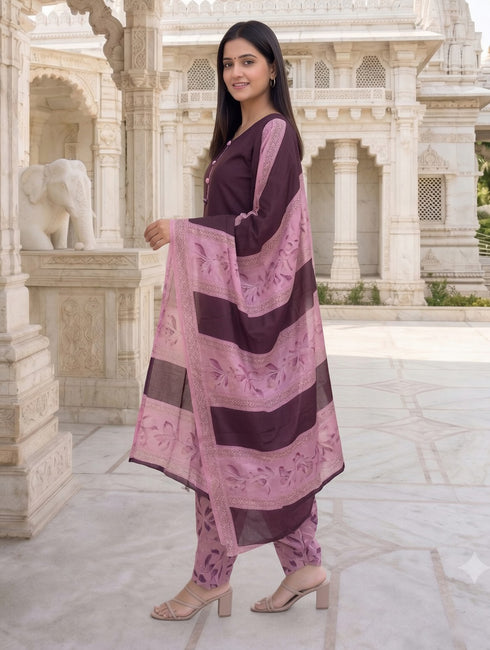Wine Cotton Blend Floral Printed Ready to Wear Patiala Salwar Suit
