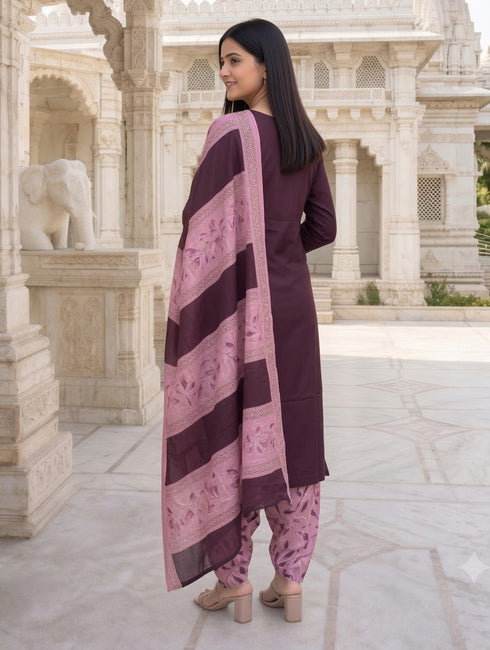 Wine Cotton Blend Floral Printed Ready to Wear Patiala Salwar Suit
