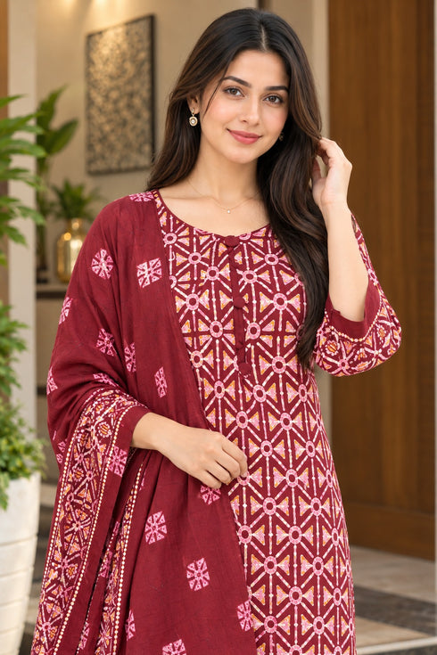 Maroon Cotton Blend Printed Ready to Wear Patiala Salwar Suit