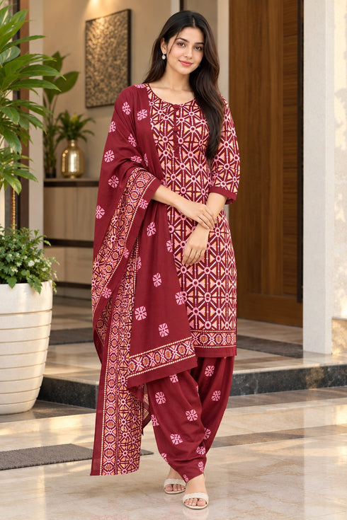 Maroon Cotton Blend Printed Ready to Wear Patiala Salwar Suit