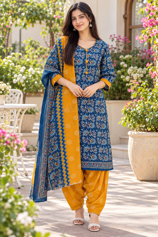 Teal Cotton Blend Printed Ready to Wear Patiala Salwar Suit