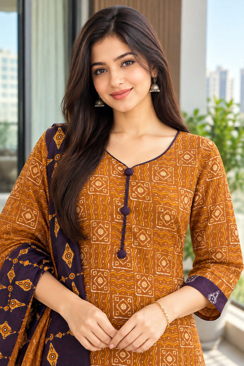 Mustard Cotton Blend Printed Ready to Wear Patiala Salwar Suit