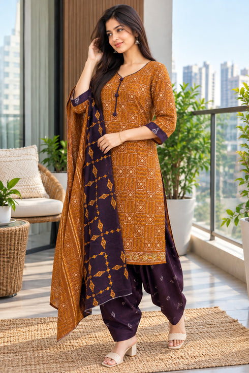 Mustard Cotton Blend Printed Ready to Wear Patiala Salwar Suit