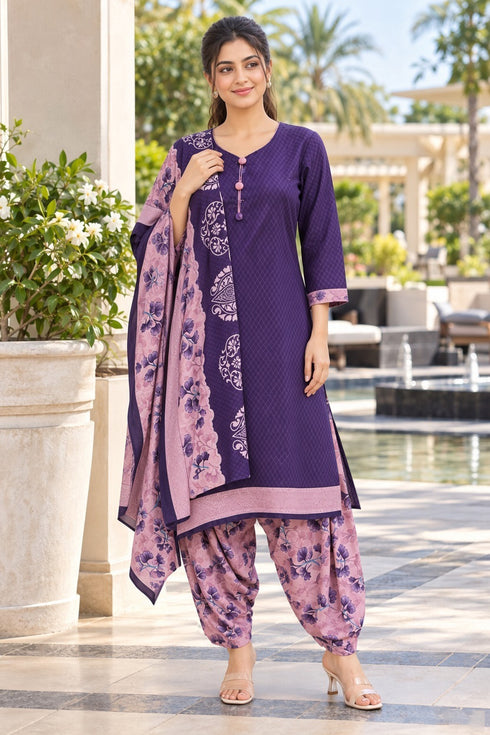 Purple Cotton Blend Printed Ready to Wear Patiala Salwar Suit