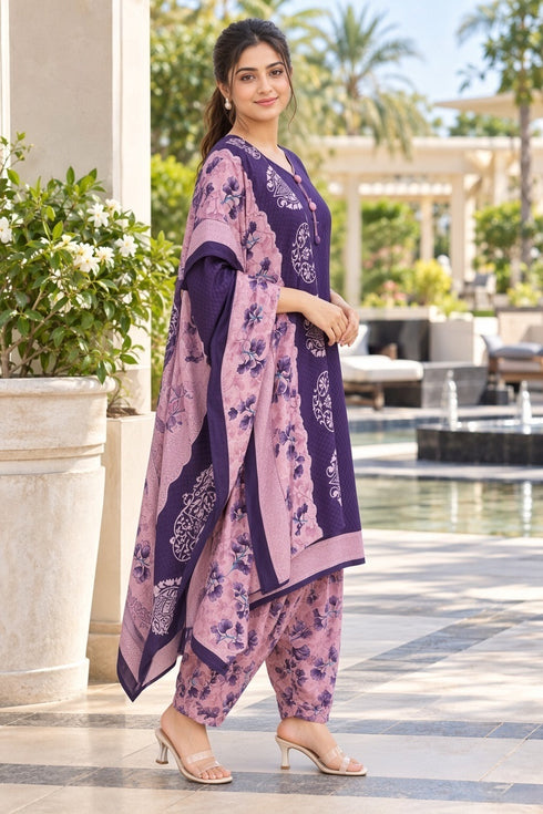 Purple Cotton Blend Printed Ready to Wear Patiala Salwar Suit