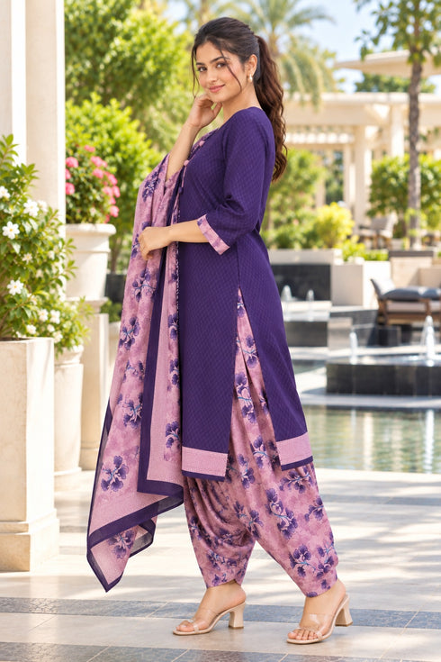 Purple Cotton Blend Printed Ready to Wear Patiala Salwar Suit