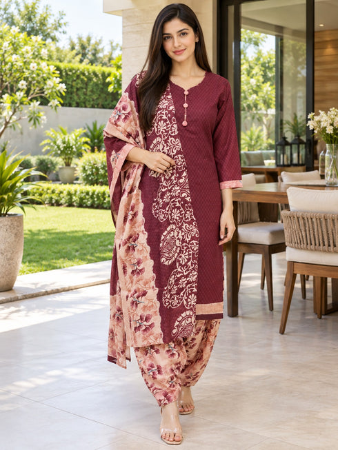 Maroon Cotton Blend Printed Ready to Wear Patiala Salwar Suit