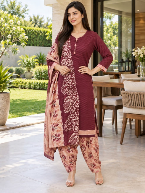 Maroon Cotton Blend Printed Ready to Wear Patiala Salwar Suit