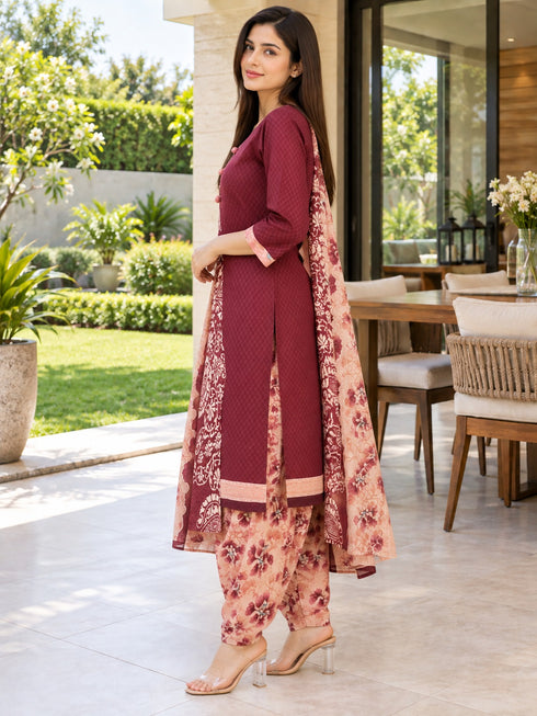 Maroon Cotton Blend Printed Ready to Wear Patiala Salwar Suit