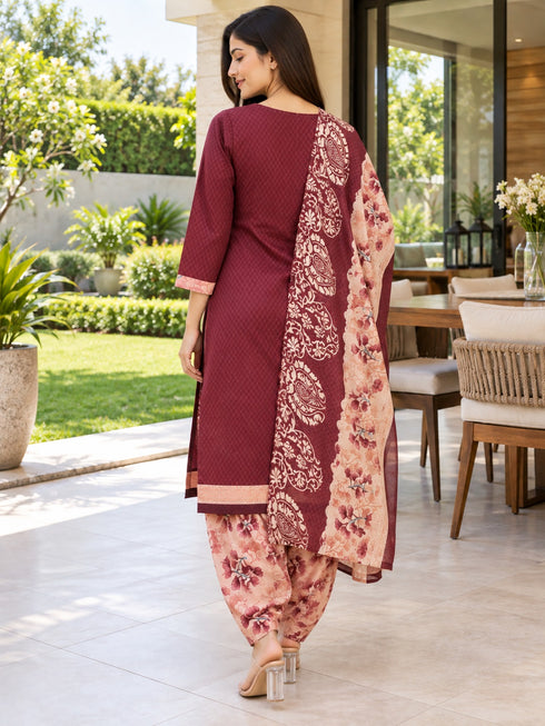 Maroon Cotton Blend Printed Ready to Wear Patiala Salwar Suit