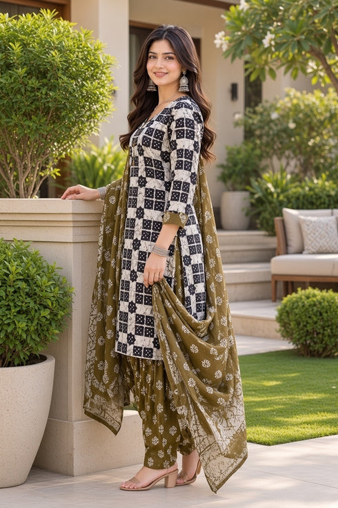 Black & White Cotton Blend Printed Ready to Wear Patiala Salwar Suit
