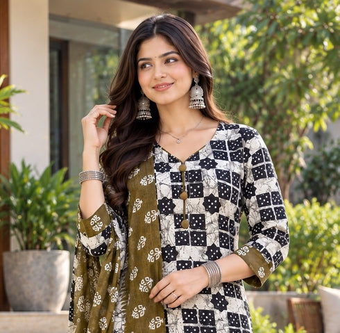 Black & White Cotton Blend Printed Ready to Wear Patiala Salwar Suit
