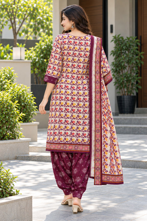 Beige & Wine Cotton Blend Printed Ready to Wear Patiala Salwar Suit