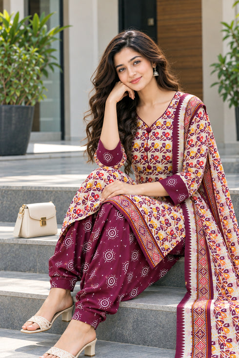 Beige & Wine Cotton Blend Printed Ready to Wear Patiala Salwar Suit
