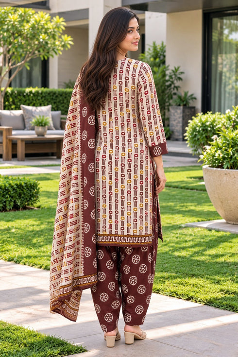 Beige Cotton Blend Printed Ready to Wear Patiala Salwar Suit
