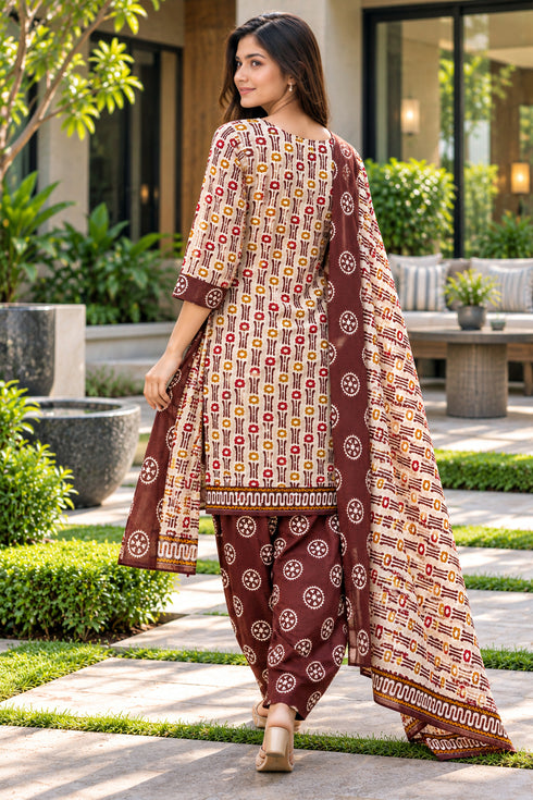 Beige Cotton Blend Printed Ready to Wear Patiala Salwar Suit