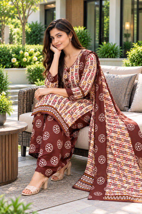 Beige Cotton Blend Printed Ready to Wear Patiala Salwar Suit