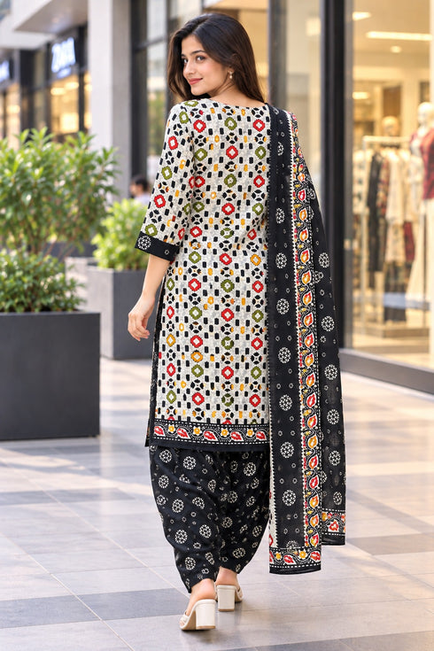 Off White Cotton Blend Printed Ready to Wear Patiala Salwar Suit