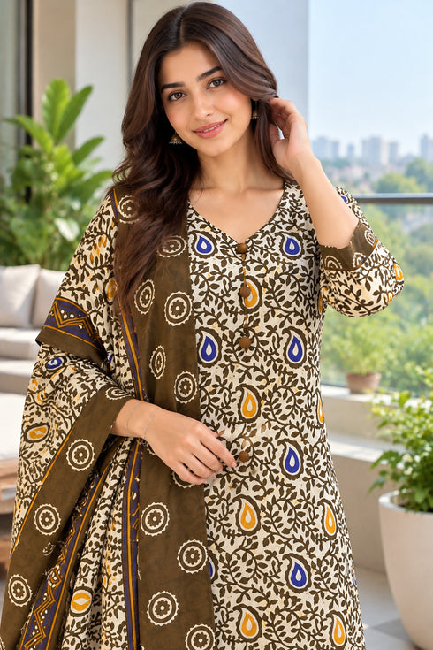 Beige Cotton Blend Printed Ready to Wear Patiala Salwar Suit