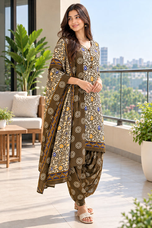 Beige Cotton Blend Printed Ready to Wear Patiala Salwar Suit