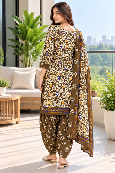 Beige Cotton Blend Printed Ready to Wear Patiala Salwar Suit