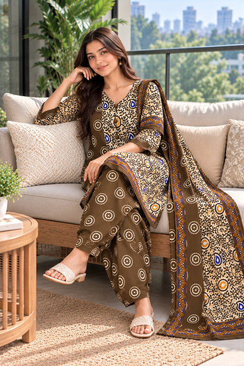 Beige Cotton Blend Printed Ready to Wear Patiala Salwar Suit