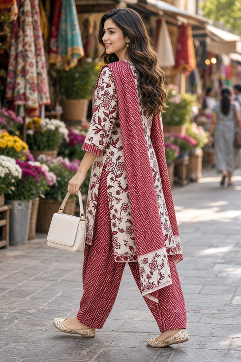 White & Red Cotton Blend Printed Ready to Wear Patiala Salwar Suit