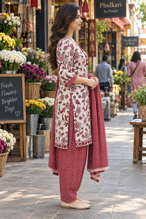 White & Red Cotton Blend Printed Ready to Wear Patiala Salwar Suit