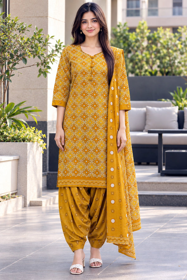 Mustard Yellow Cotton Blend Printed Ready to Wear Patiala Salwar Suit