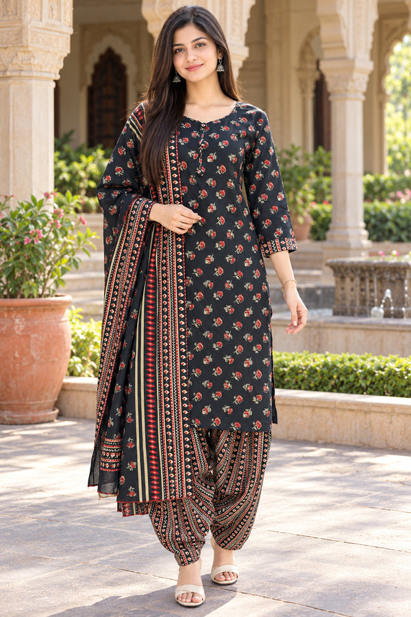 Black & Red Cotton Blend Printed Ready to Wear Patiala Salwar Suit