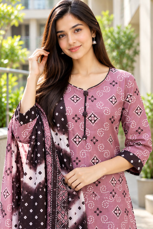 Dusty Pink Cotton Blend Printed Ready to Wear Patiala Salwar Suit