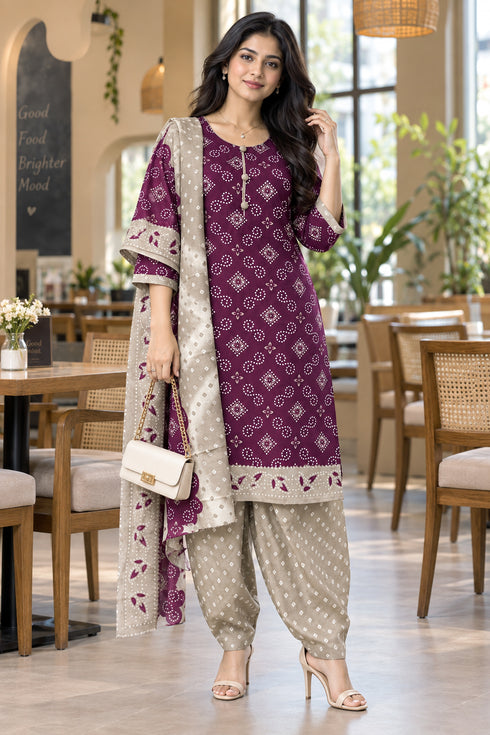 Wine Cotton Blend Printed Ready to Wear Patiala Salwar Suit