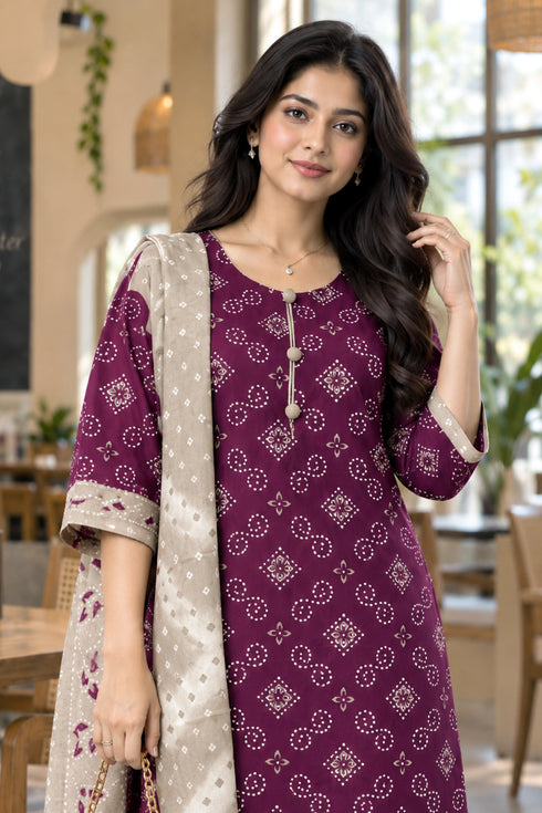 Wine Cotton Blend Printed Ready to Wear Patiala Salwar Suit