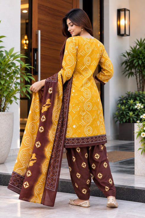 Mustard Cotton Blend Printed Ready to Wear Patiala Salwar Suit