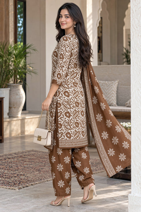 Beige Cotton Blend Printed Ready to Wear Patiala Salwar Suit