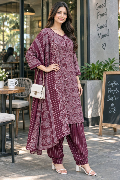 Wine Cotton Blend Printed Ready to Wear Patiala Salwar kurta sets women RW5285WN0926