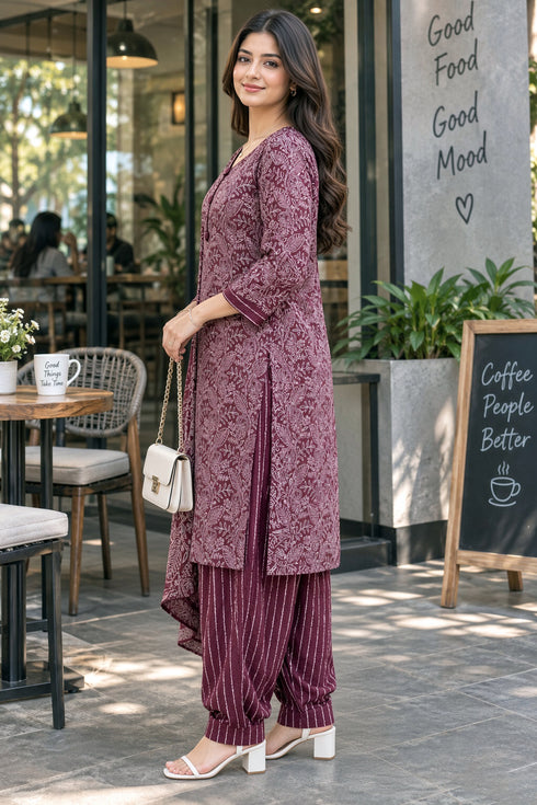 Wine Cotton Blend Printed Ready to Wear Patiala Salwar kurta sets women RW5285WN0926