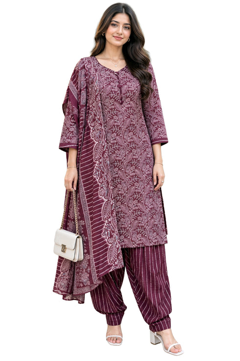 Wine Cotton Blend Printed Ready to Wear Patiala Salwar kurta sets women RW5285WN0926