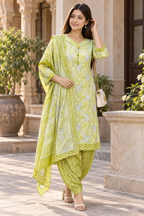 Parrot Green Cotton Blend Printed Ready to Wear Patiala Salwar Suit