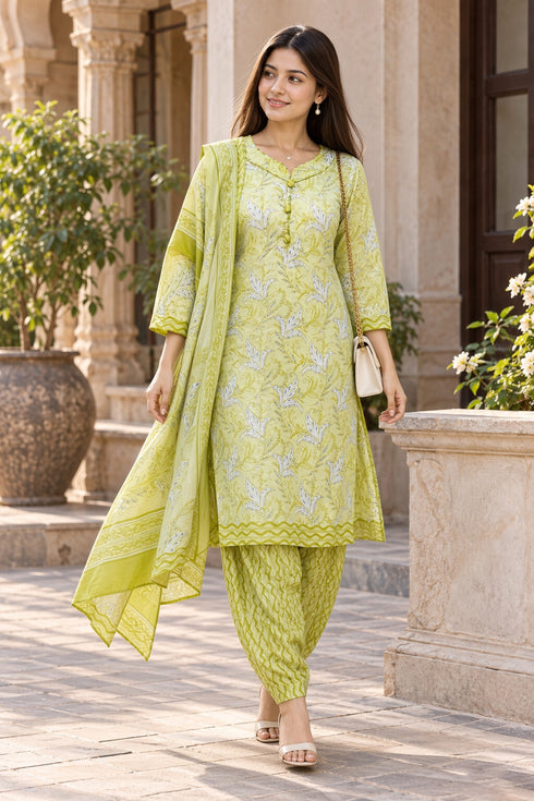 Parrot Green Cotton Blend Printed Ready to Wear Patiala Salwar Suit