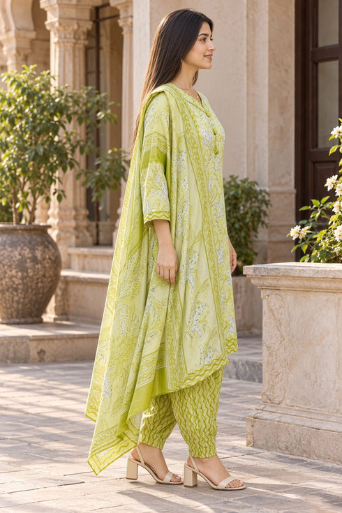 Parrot Green Cotton Blend Printed Ready to Wear Patiala Salwar Suit