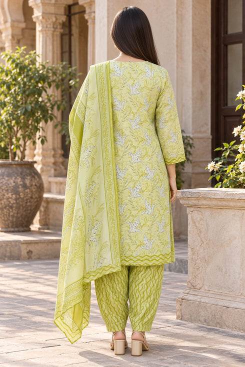 Parrot Green Cotton Blend Printed Ready to Wear Patiala Salwar Suit